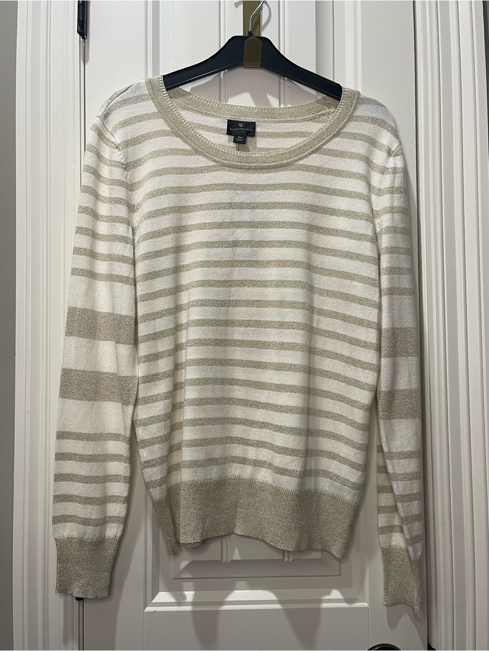 Women’s White & Gold Striped Lightweight Sweater - Worthington